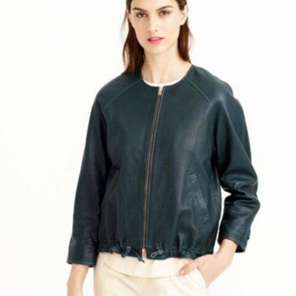 J.Crew Collection Women's Dark Green Leather Full Zip Drawstring Waist Jacket 4